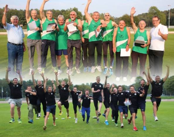 2 x Deutsche Mannschaftsmeister. Das Team der Sporthochschule Köln gewann die Altersklasse M 30/35 Jahre und die Senioren der Altersklasse M 70/75 ließ ebenfalls nichts „anbrennen“. Hier gewann Obere Murg aus Baden Baden.Links Kreisvors. Klaus Diekmann und rechts Dr. Mathias Reick Vizepräsiddent  vom Deutschen Leichtathletikverband reihen die Sieger der M 70/75 ein
